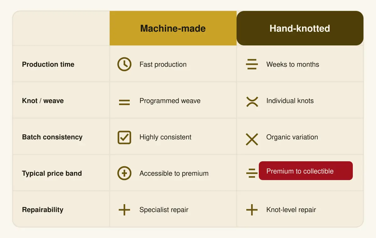 Comparison matrix of machine-made and hand-knotted carpet characteristics